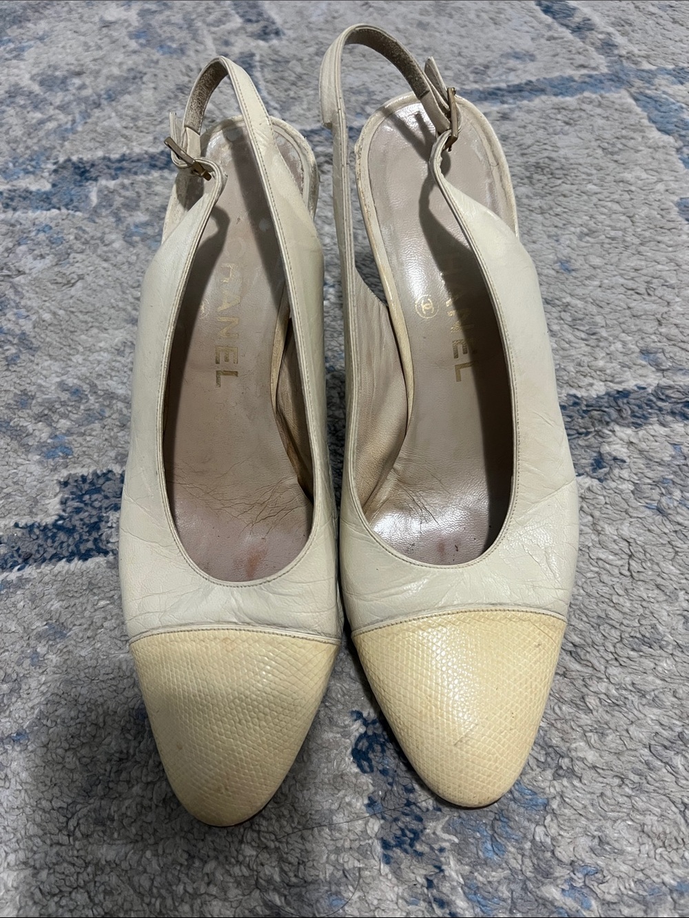 CHANEL Cream Leather Slingback Pointed Toe Pumps